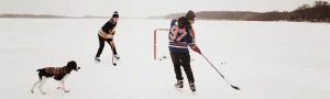 A pair of ice hockey players skate on the ice.