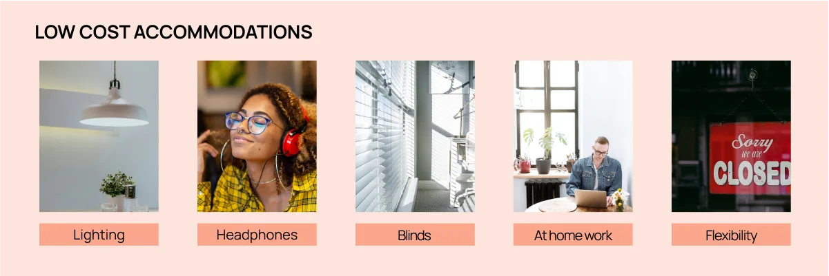 A graphic showing different low or no cost accomodations like lighting, headphones, blinds, and more.