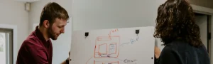 A person outlining their start-up blueprint on a whiteboard.