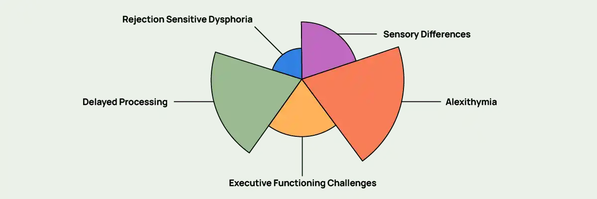 A pie chart showing disjointed pieces labeled with neurodivergent traits.