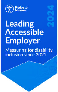 A decorative badge reading "Leading Accessible Employer" linking to the Pledge to Measure initiative